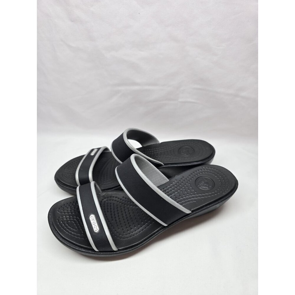 Crocs Madeira Sandals Womens Sz 7 Black Gray Double Strap Wedge Rubber Comfort - Picture 5 of 10
